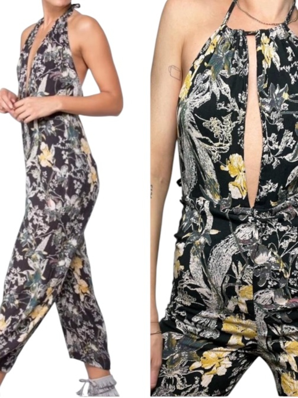 Free People Jumpsuit Womens 6 Twisted Halter Floral Boho Beachy Whimsy One Piece